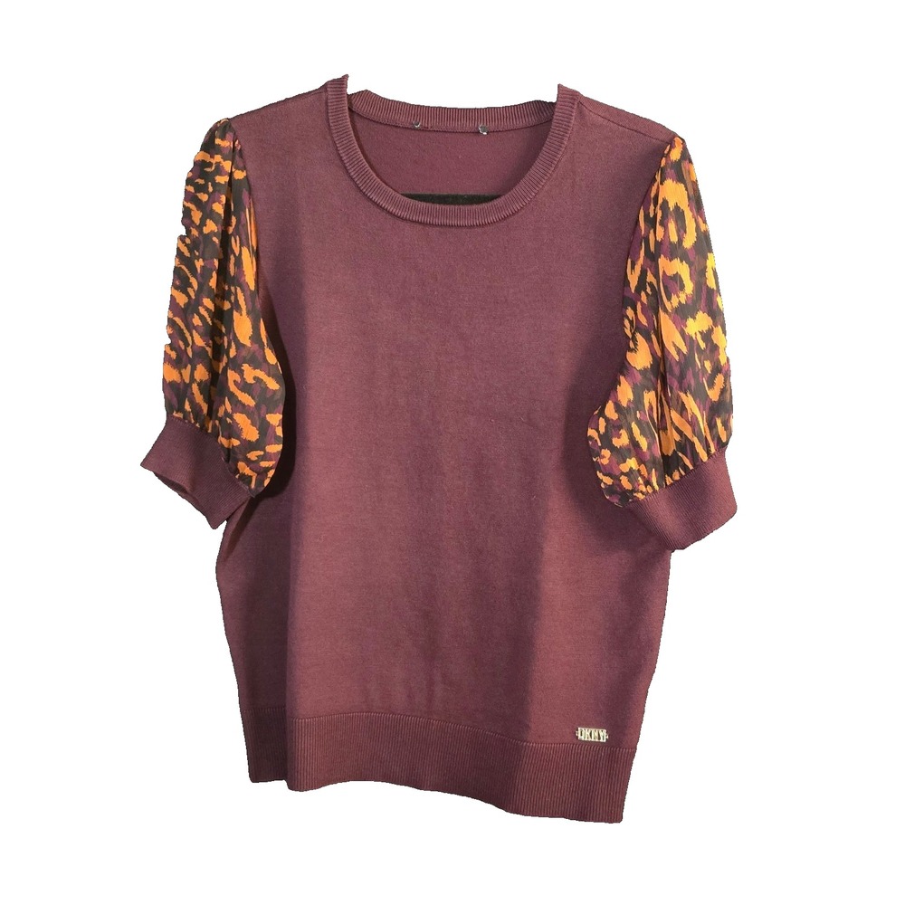 M/L maroon rust orange cheetah print DKNY short sleeve sweater sheer‎ leopard